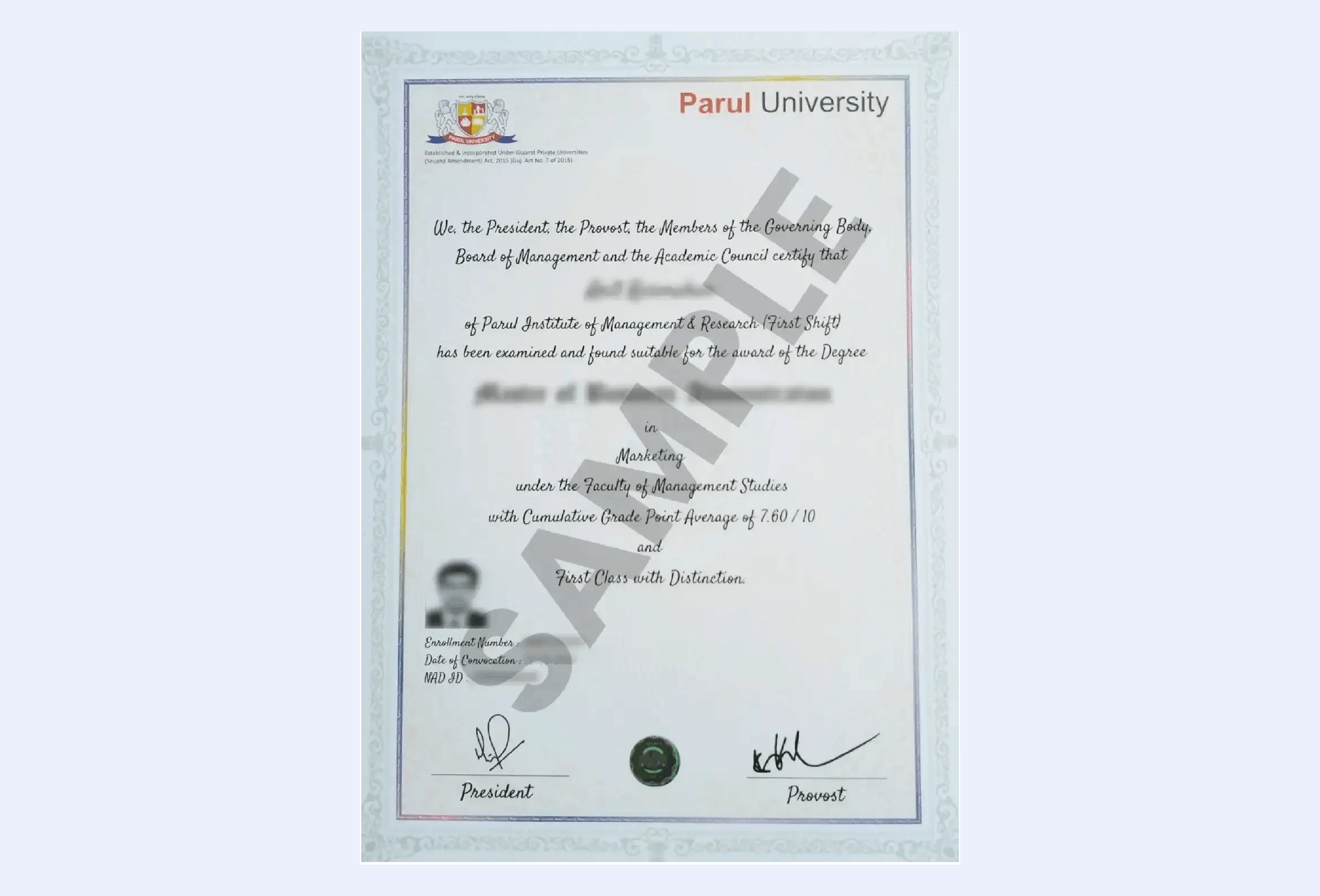 Official certificate issued by Parul University recognizing academic achievement and successful completion