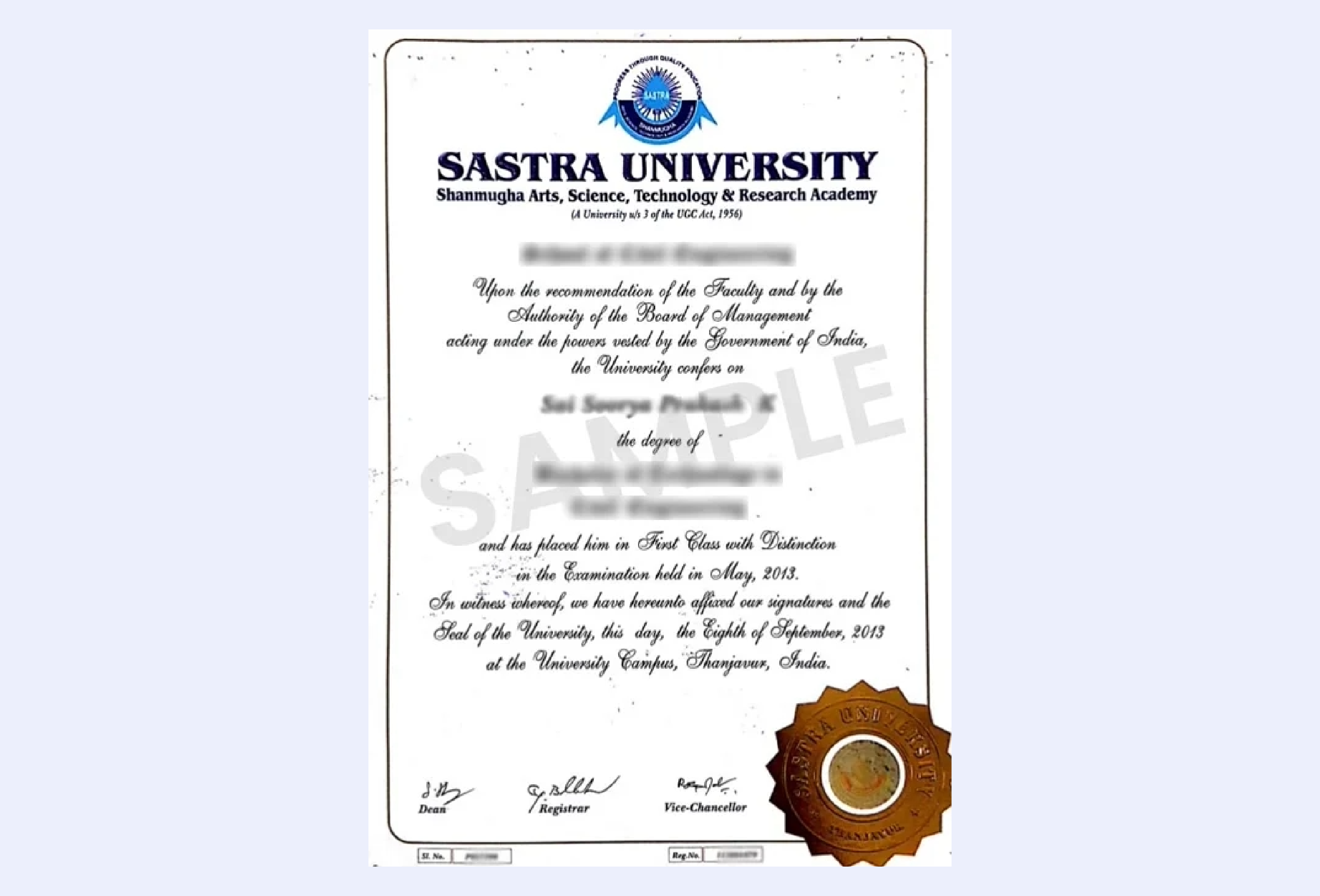 Official certificate issued by Sastra University recognizing academic achievement and completion