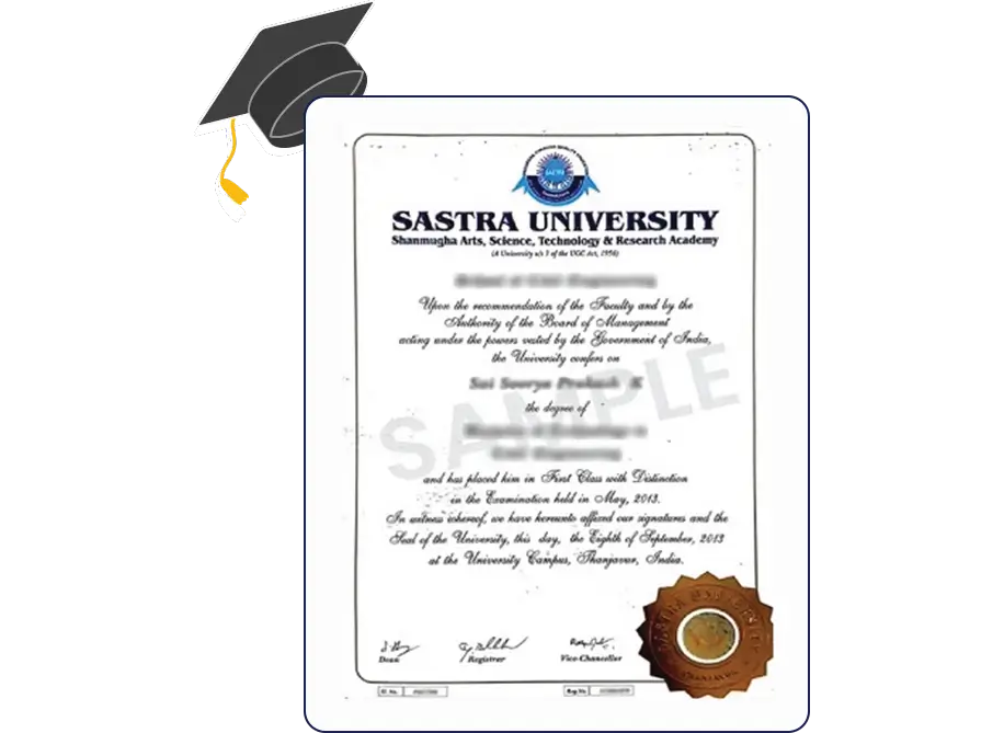 Official certificate issued by Sastra University recognizing academic achievement and completion