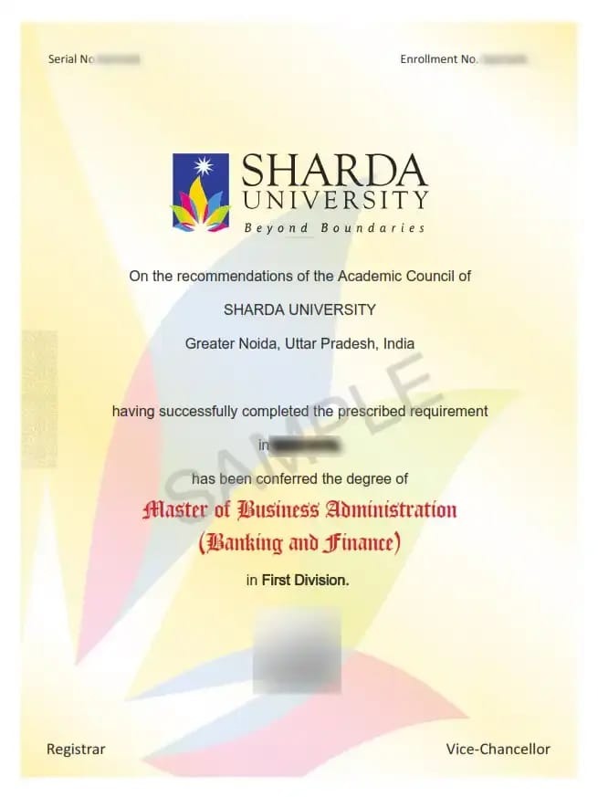 Official certificate for Sharda University Online MCA in Computer Science and Information Technology with formal borders