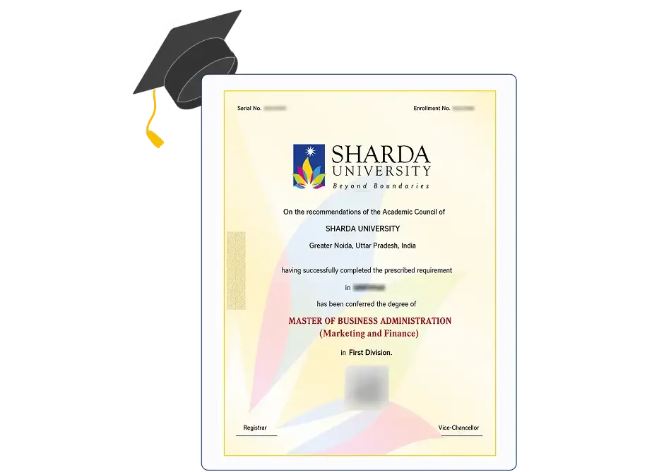 Official certificate for Sharda University Online MCA in Computer Science and Information Technology with formal borders