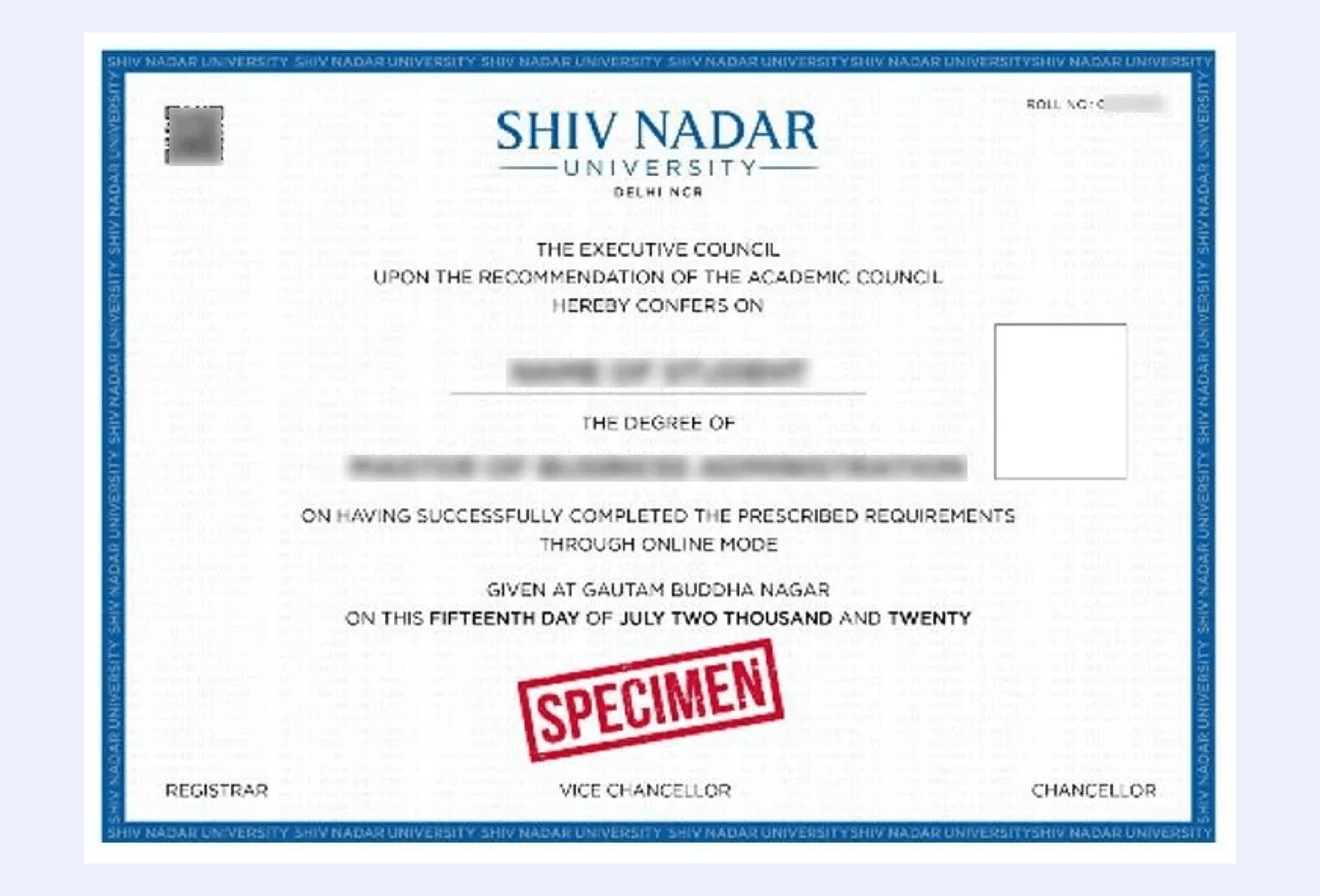 Official certificate issued by Shiv Nadar University recognizing academic achievement and completion