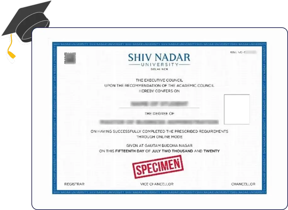Official certificate issued by Shiv Nadar University recognizing academic achievement and completion