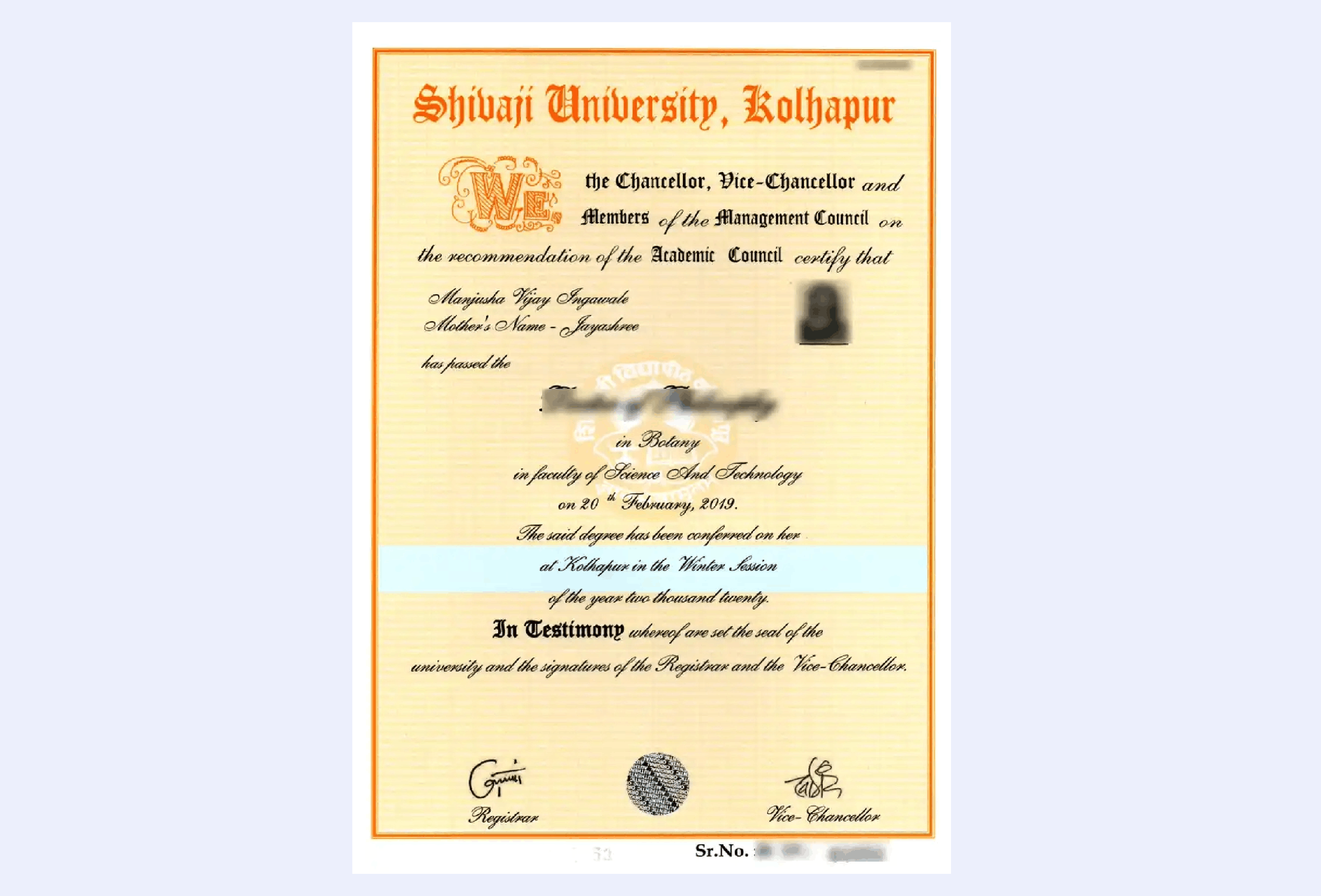 Official certificate issued by Shivaji University recognizing academic achievement and completion
