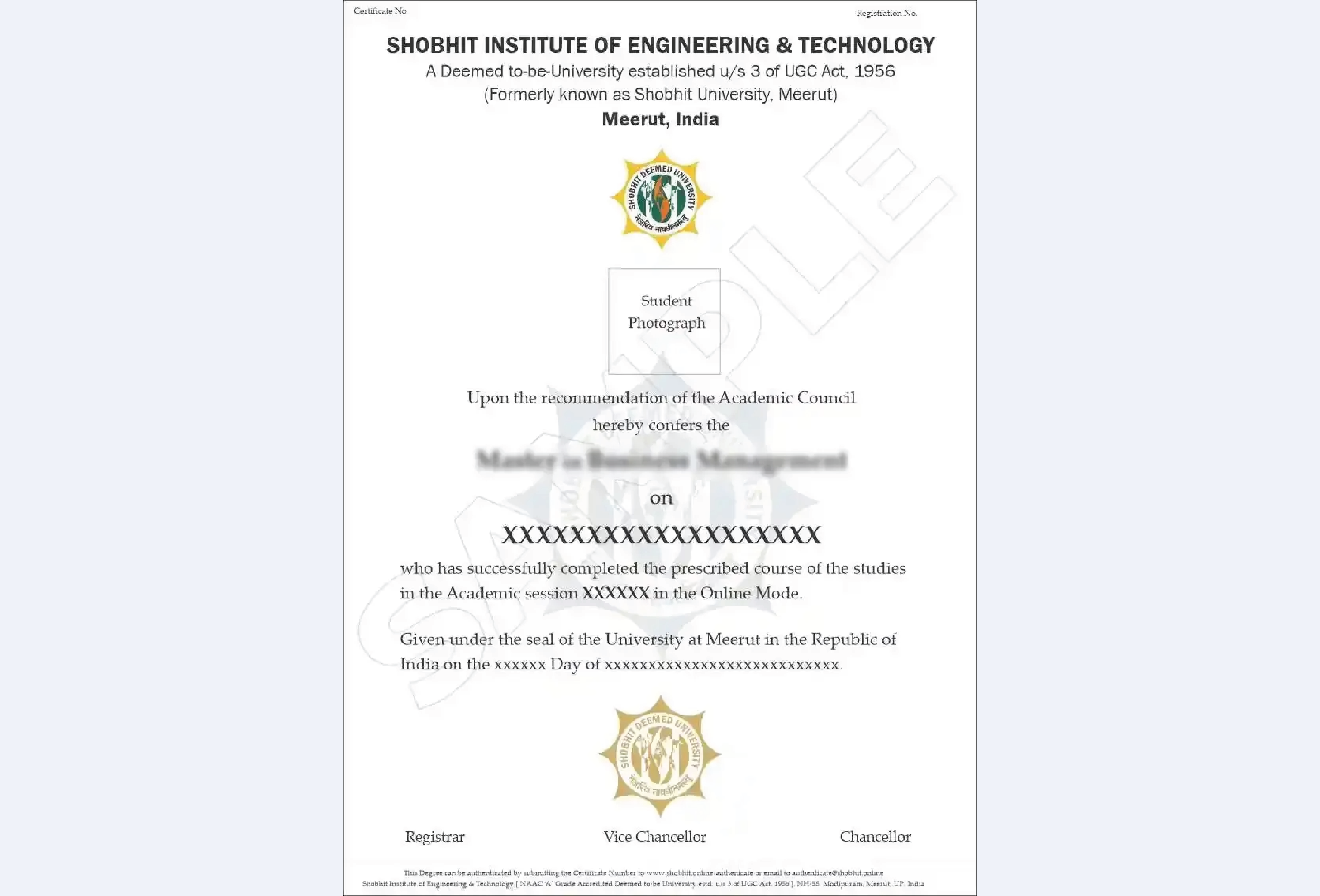 Official certificate layout for Shobhit Online MBA in Human Resource Management with program title and graduate name field