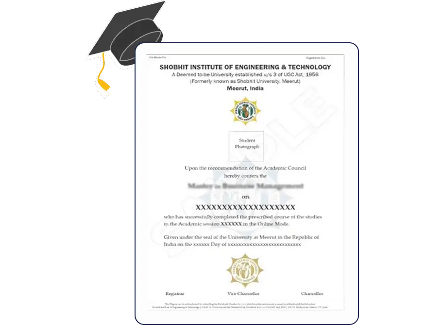 Official certificate layout for Shobhit Online MBA in Agri‑Business Management with program title and graduate name field