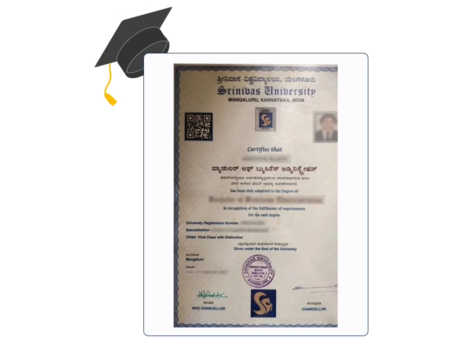 Srinivas University Online BBA Hons in Finance certificate with UGC, AIU, AICTE, ISO and NAAC A accreditation