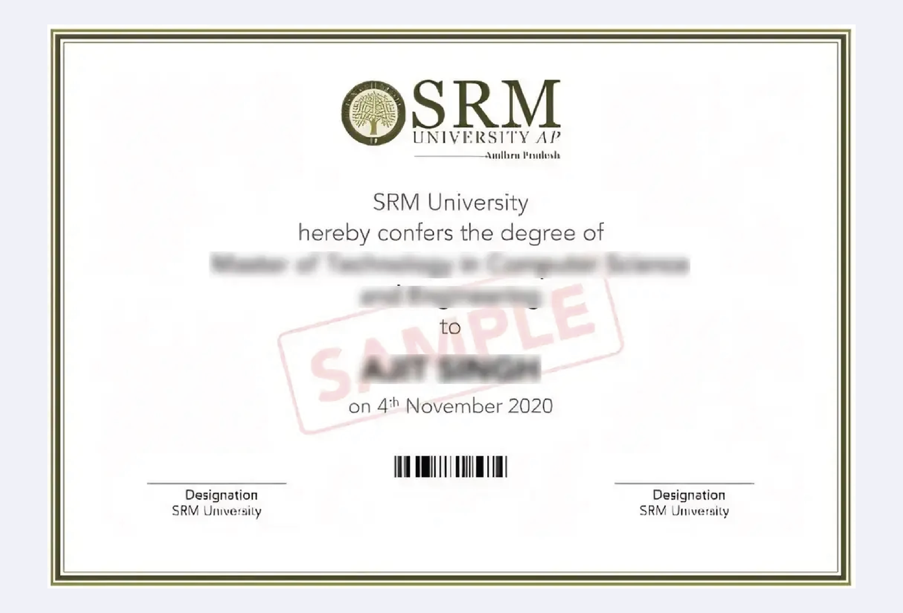 Official certificate issued by SRM Sikkim University recognizing academic achievement and completion