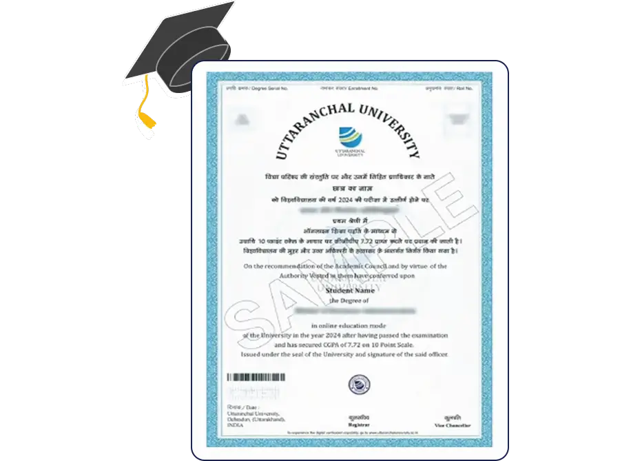 Official certificate design for Uttaranchal University Online MBA in International Business Management with formal border