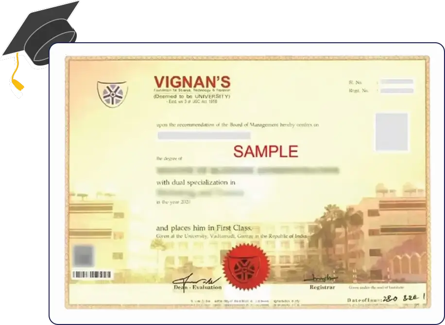Clean official-style certificate design for Vignan University Online MBA in Finance and HR with structured layout and seals