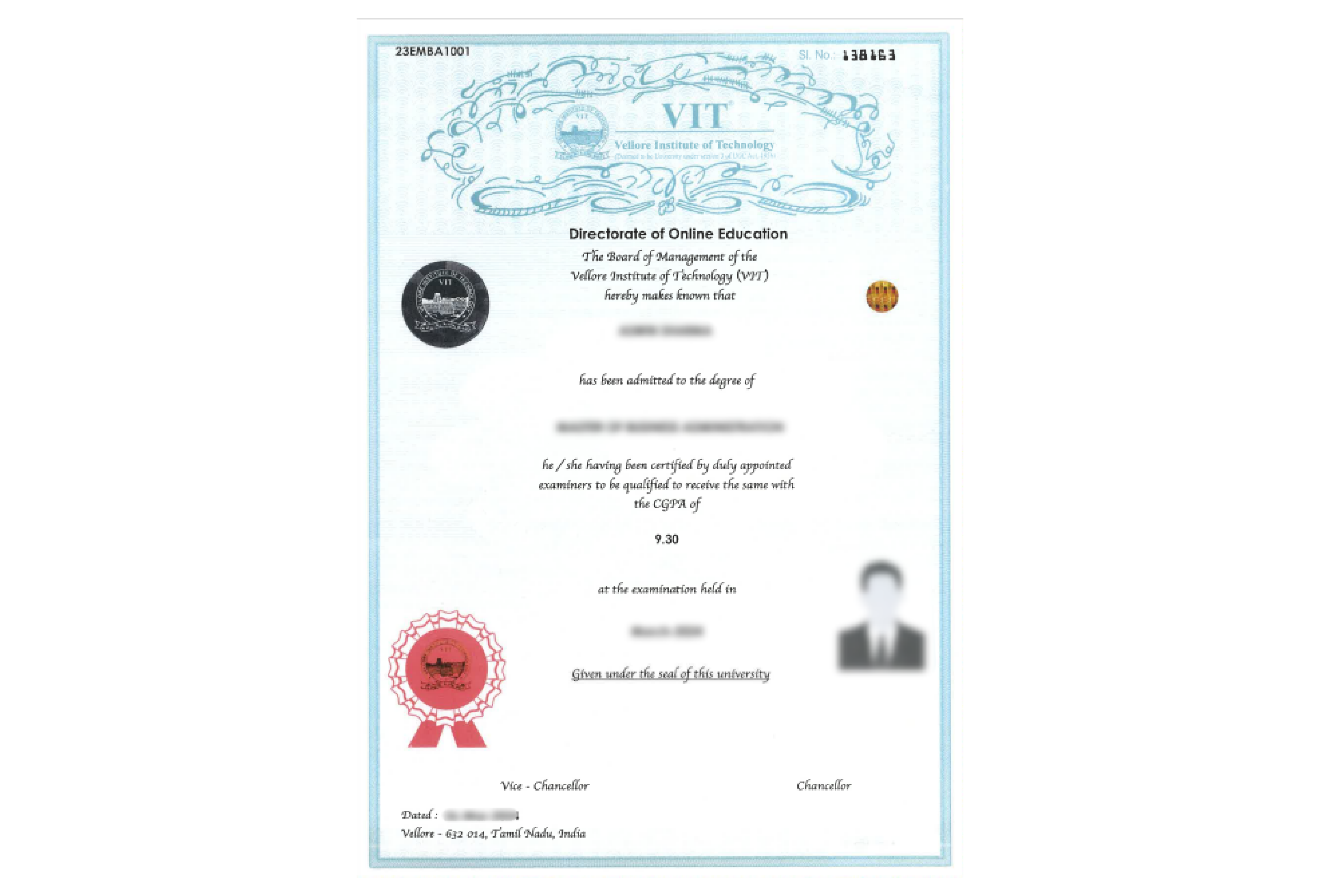 VIT University Online MBA in Human Resource Management  Verified Completion Certificate Issued by VIT