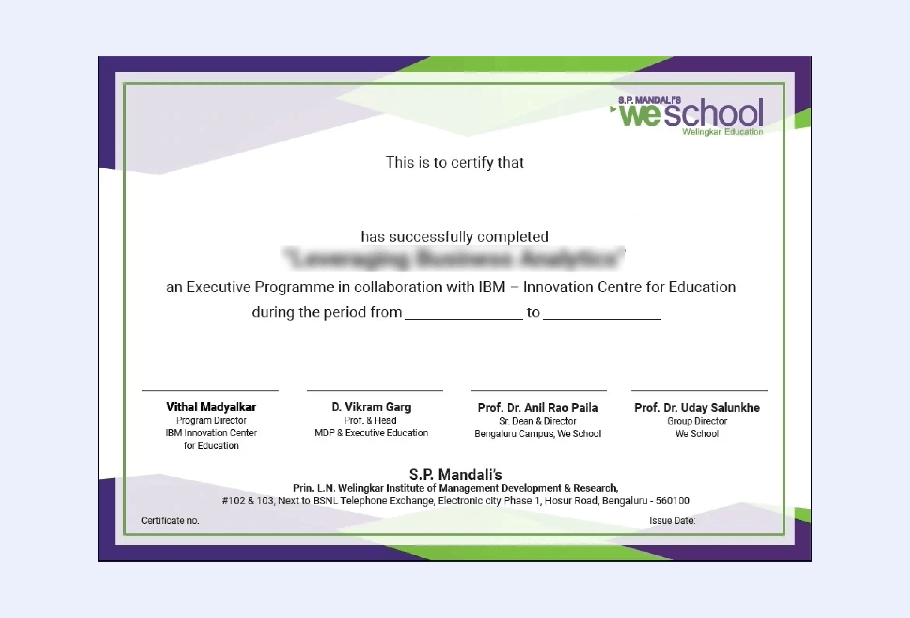 Official certificate issued by Welingkar  University recognizing academic achievement and completion