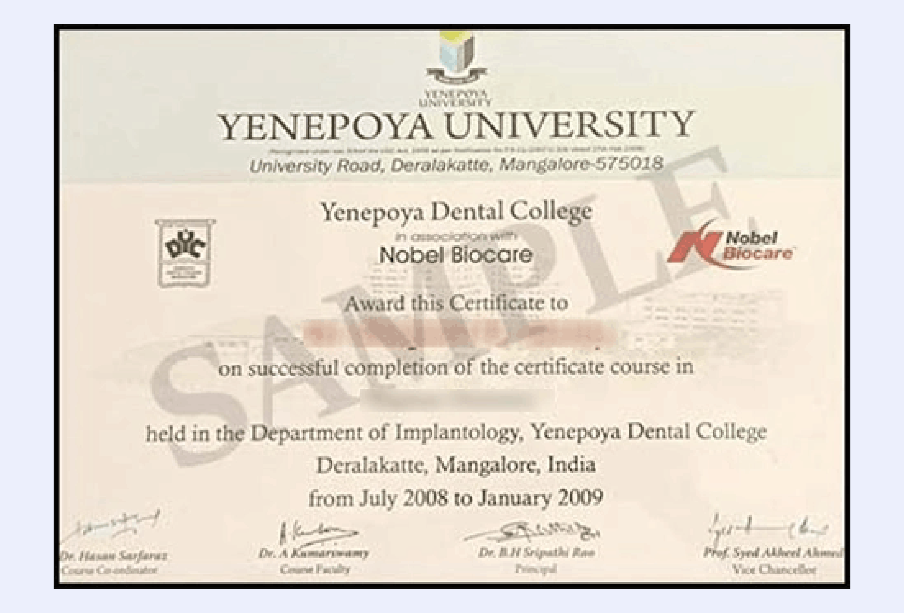 Certificate issued by Yenepoya University highlighting official academic recognition with institutional logos and signatures
