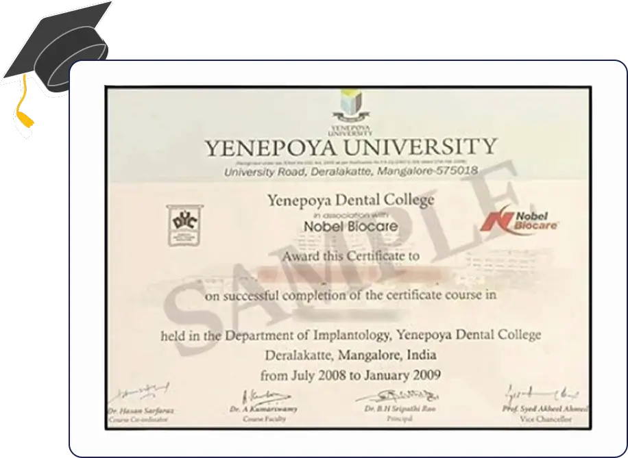 Certificate issued by Yenepoya University showcasing official academic recognition with formal logos and signatures