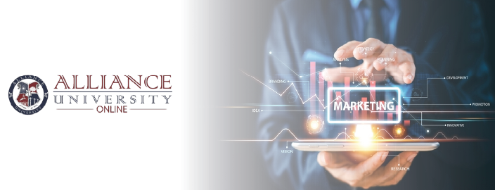 Alliance University Online MBA in Marketing course cover image with professional academic branding focus.