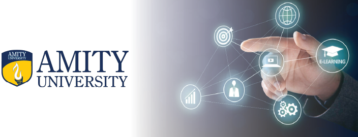 Professional cover image of Amity University Online MBA Dual Specialization, featuring two interconnected abstract symbols.
