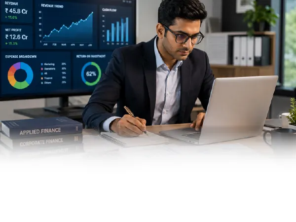 Online Executive MBA in Applied Finance course cover showcasing finance and executive management program
